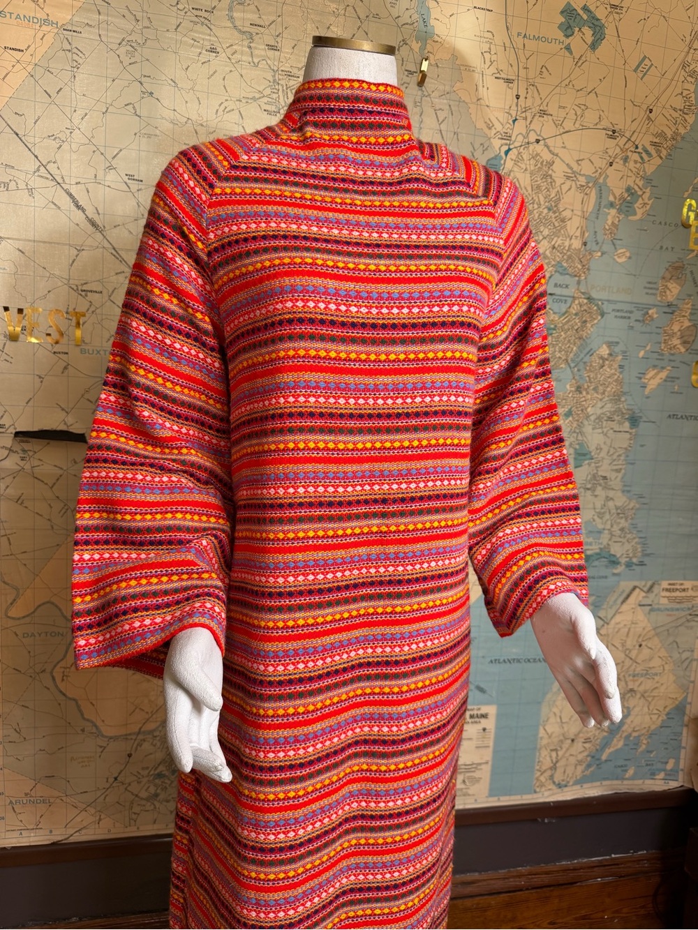 Vintage Knit/Woven Striped Maxi Dress, Long Bell Sleeve, Multicolor 60s/70s Vibe